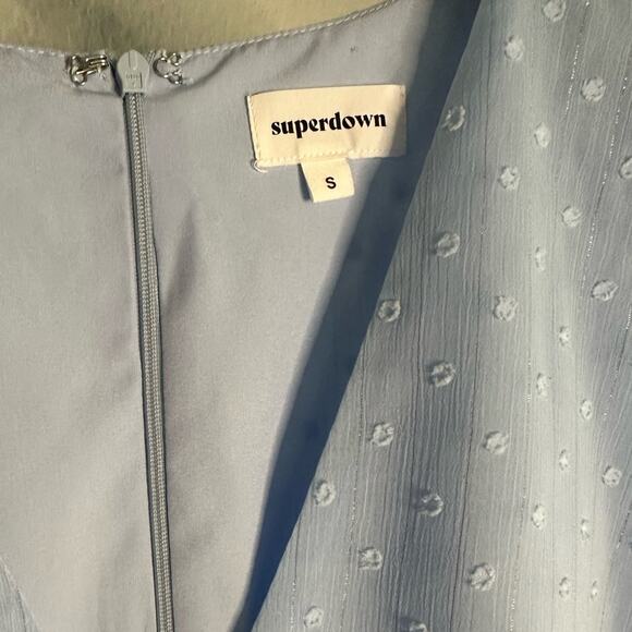 Revolve Superdown Bree Mini Dress Sky Blue Chiffon Metallic Swiss Dot Shower - Picture 5 of 6